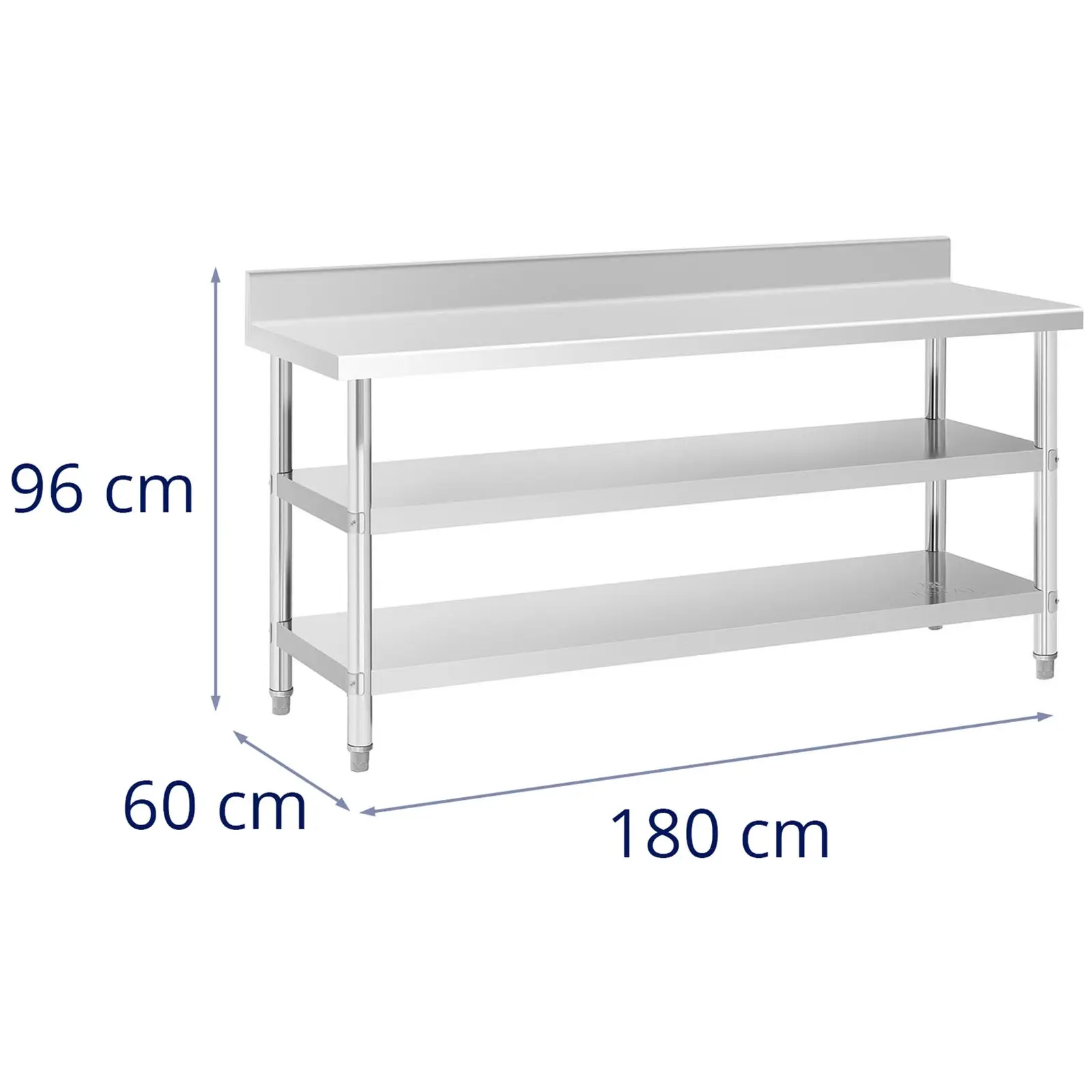 Stainless Steel Work Table with upstand - 180 x 60 x 16.5 cm - 226 kg - 2 shelves - Royal Catering