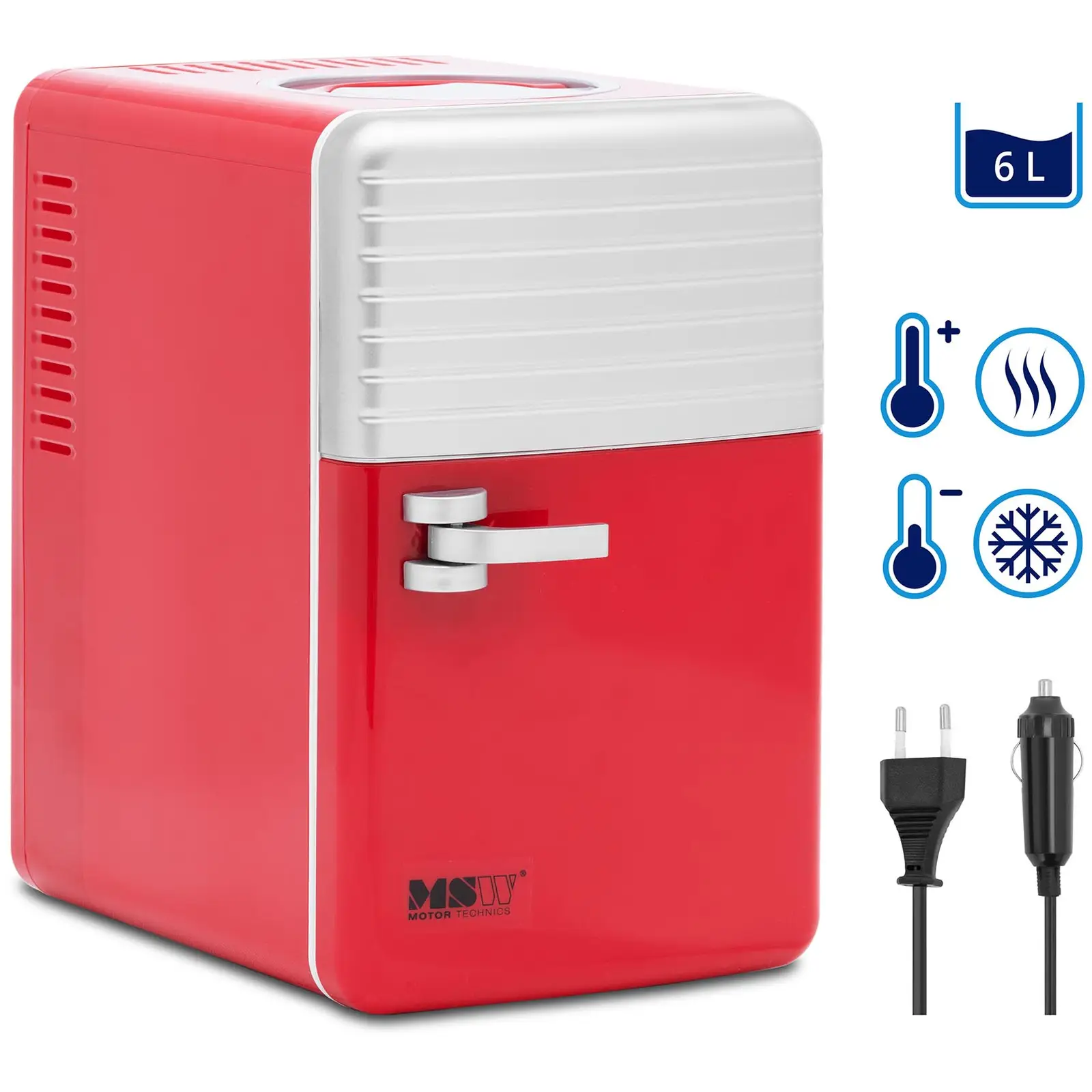 Mini Refrigerator 12 V / 230 V - 2-in-1 appliance with keep-warm function - 6 L - Red/silver