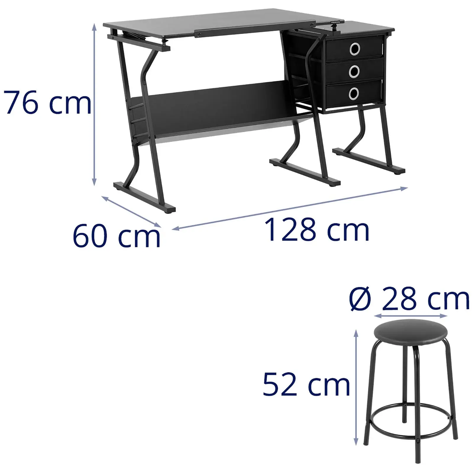 Drawing table - 90 x 60 cm - inclinable - stool and side table