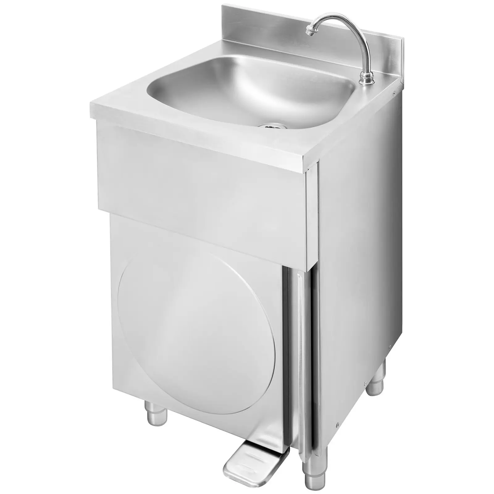 Foot-operated hand wash basin - freestanding - incl. tap - stainless steel/chromed brass - tap length 140 mm