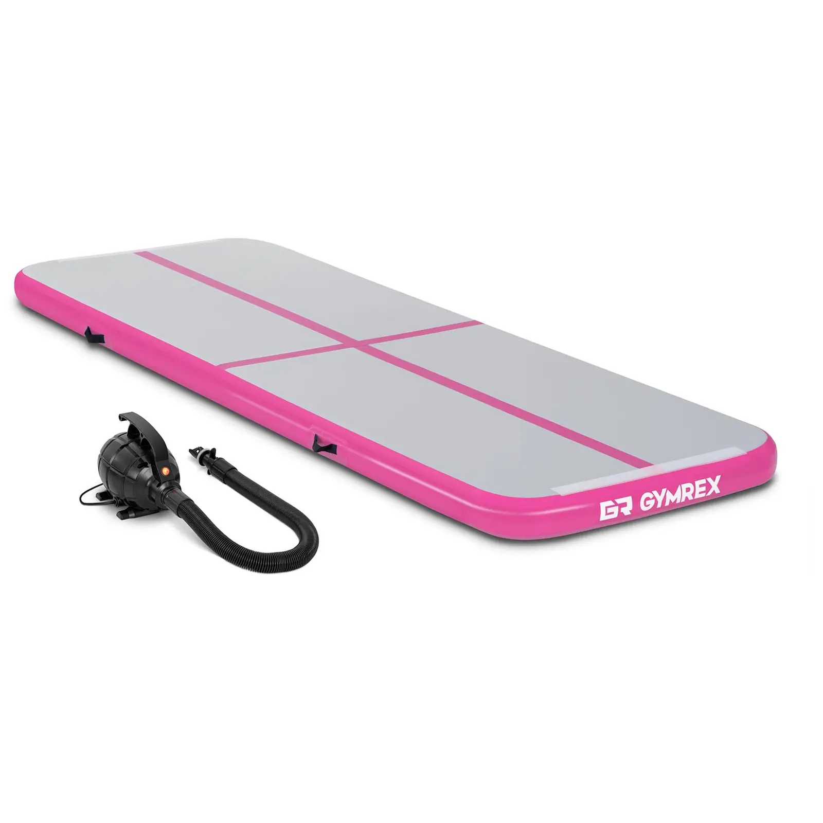 Set: Inflatable Gym Mat with Electric Air Pump - 300 x 100 x 10 cm - 150 kg - pink/grey