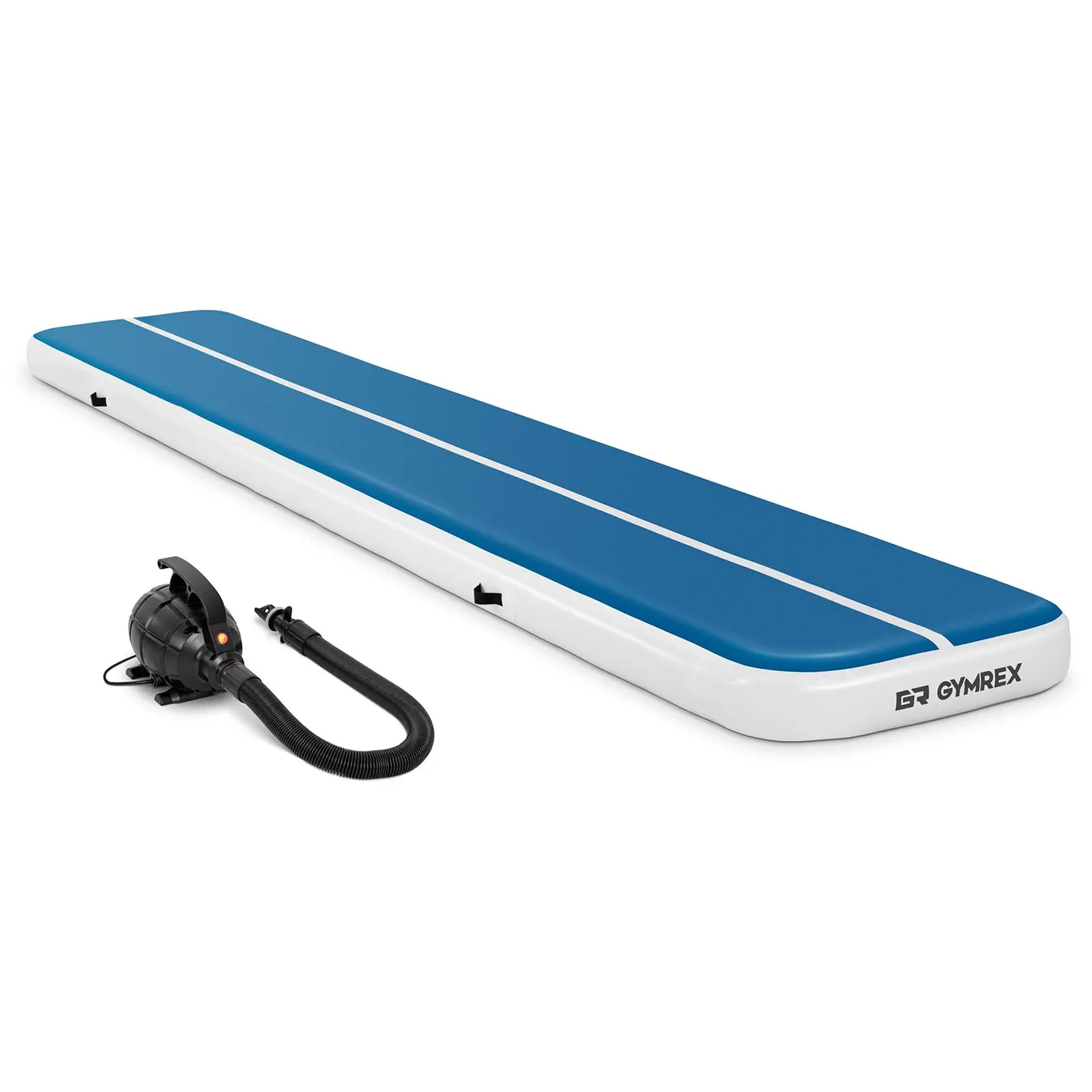 Set: Inflatable Gym Mat with Electric Air Pump - 600 x 100 x 20 cm - 300 kg - blue/white