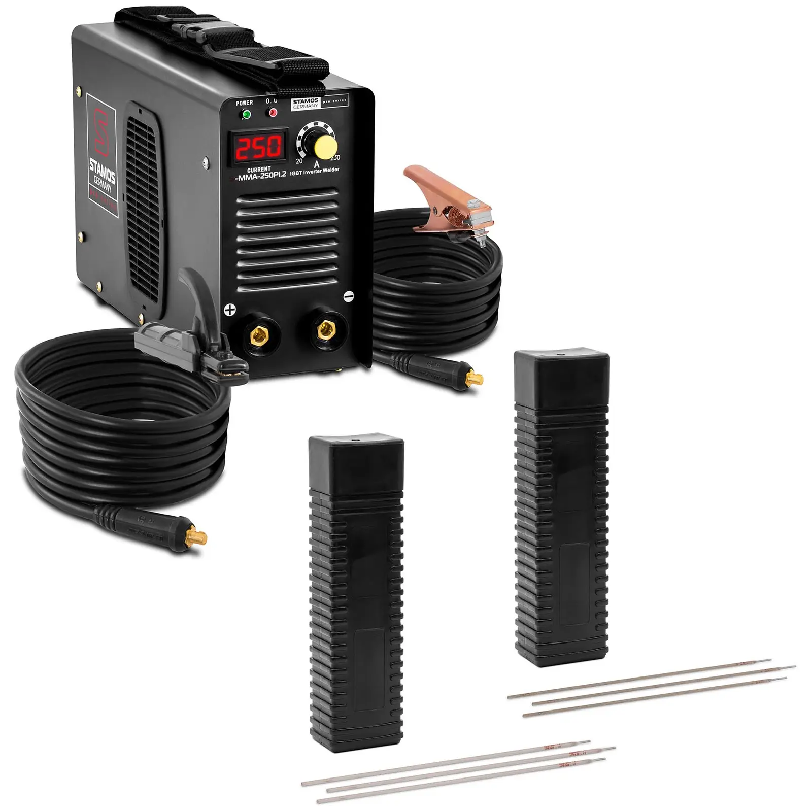 Welding set Electrode welder - 250 A - 8 m cable - 60 % Duty Cycle - Electrodes - E6013 - Ø 2 x 300 mm - 5 kg & E316L-17 - 2,5 x 350 mm - 5 kg